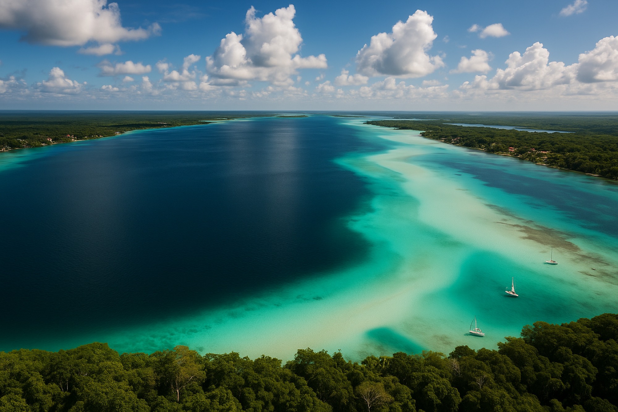 La laguna de Bacalar y su gradiente del aguamarina al azul intenso.